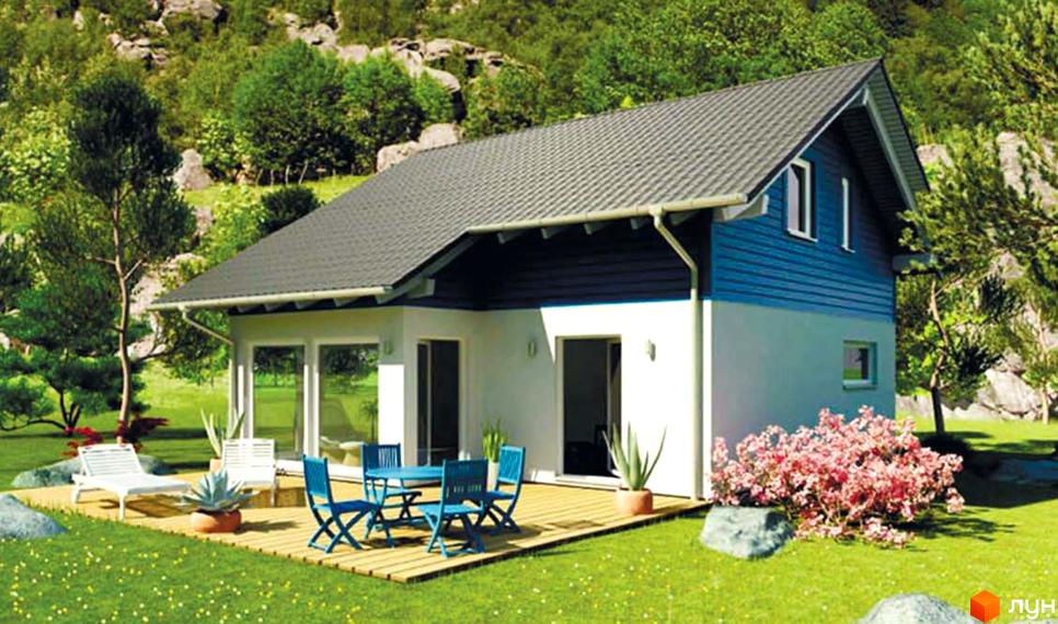 Котеджне містечко Родзинка: двоповерховий будинок з синьо-білим фасадом та сірим дахом, розташований на зеленій ділянці з терасою, меблями та квітами.
