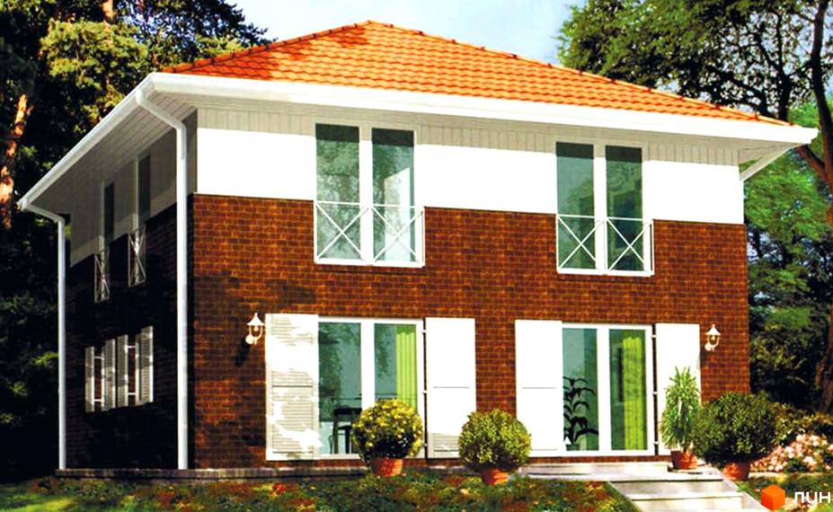 Котеджне містечко Родзинка: двоповерховий будинок з червоної цегли та білою обшивкою, червоним черепичним дахом, білими вікнами та дверима. Навколо будинку зелені дерева та кущі.