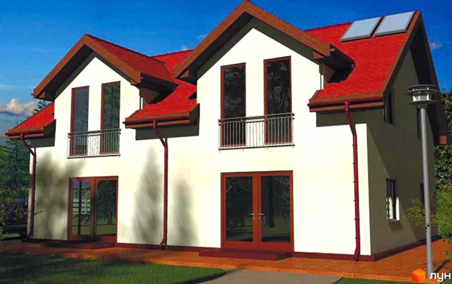 Зовнішній вигляд двоповерхового будинку з червоним дахом та великими вікнами. Навколо будинку зелена галявина та дерева. Котеджне містечко Родзинка.