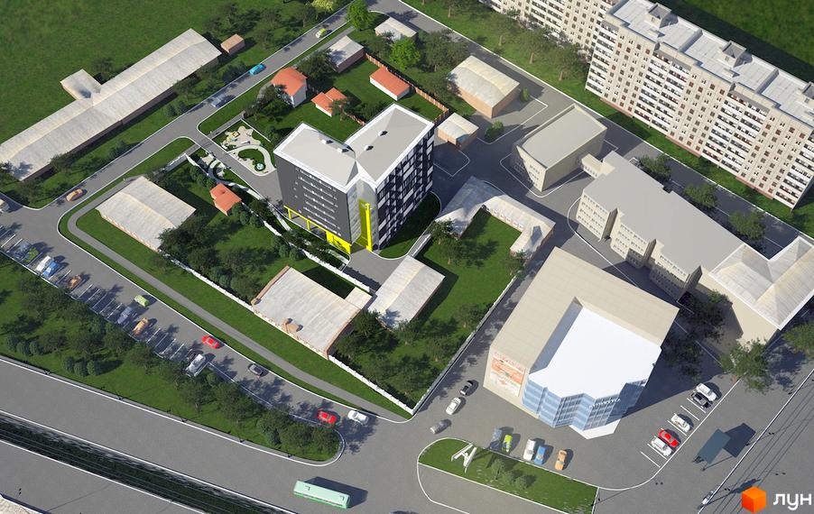 Зовнішній вигляд житлового комплексу Berlin House з багатоповерховими будинками та прибудинковою територією з парковкою та зеленими зонами. Огляд новобудови з висоти пташиного польоту.