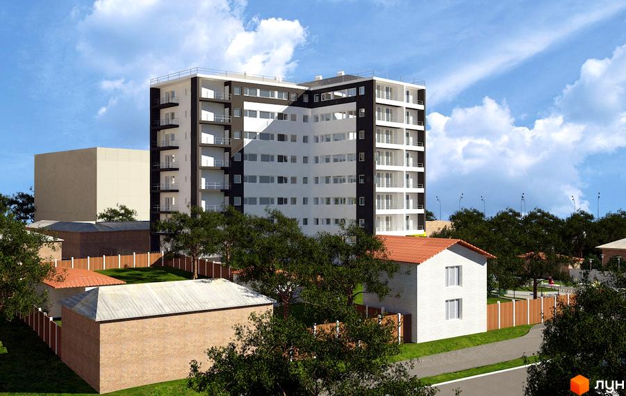 Новобудова ЖК Berlin House з біло-темними фасадами та балконами. Навколо будинку зелена територія з парканом та невеликими будинками.