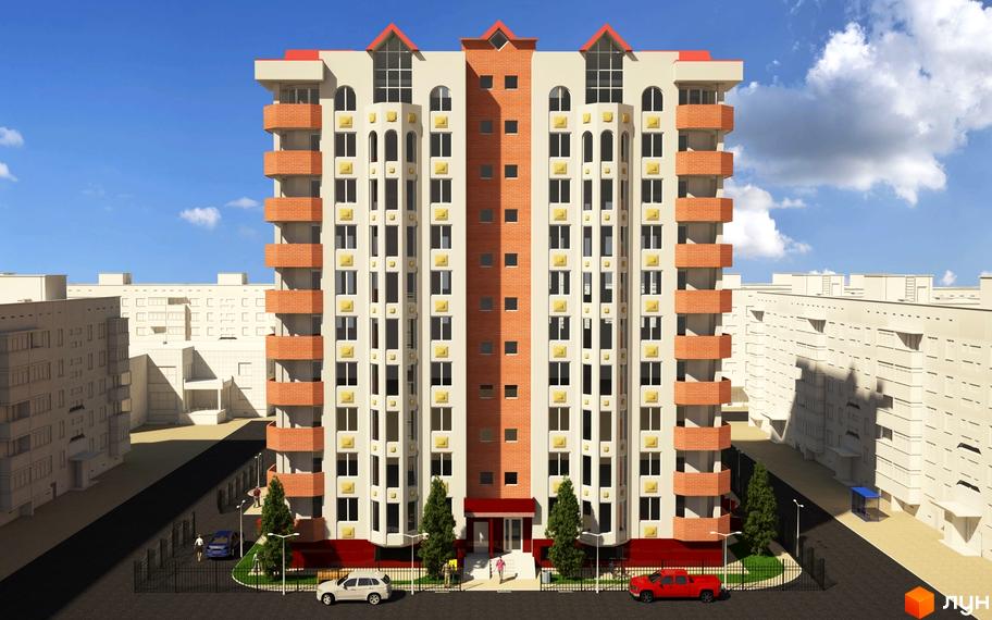 Зовнішній вигляд новобудови ЖК Нове місто з цегляними балконами та вікнами. Навколо будинку розташовані дерева, паркан та автомобілі.