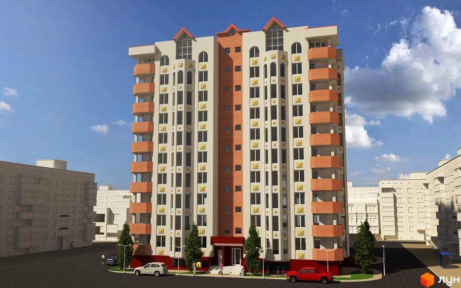 Житловий комплекс Нове місто: висока будівля зі світлим фасадом, цегляними балконами та арковими вікнами. Навколо — вулиця з авто та зелені насадження.