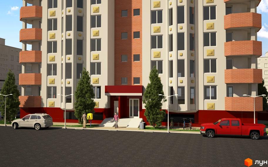 Житловий комплекс Нове місто. Фасад будинку світло-бежевого кольору з червоними елементами та цегляними вставками. Поруч зелені дерева, дорога та припарковані автомобілі.