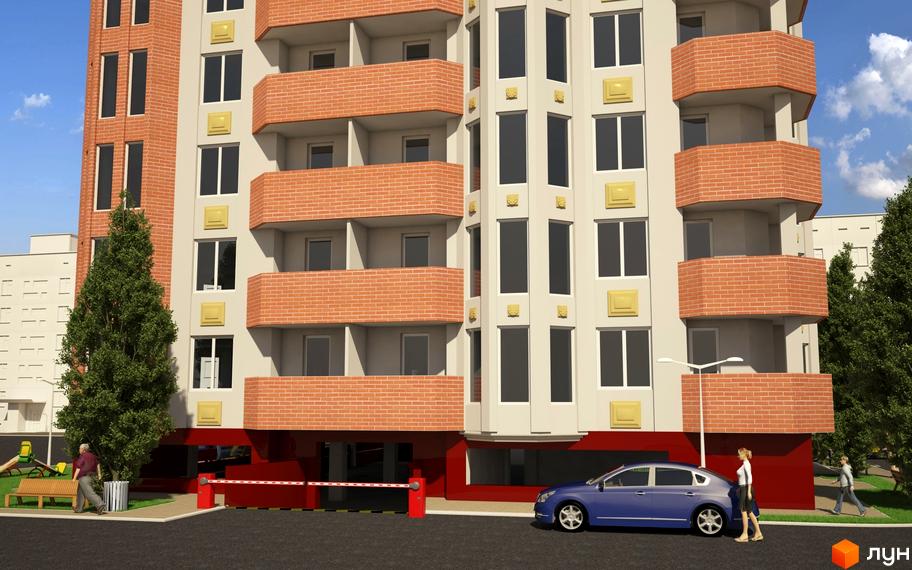 Житловий комплекс Нове місто. Фасад будівлі з цегляними балконами та великими вікнами. Поруч дитячий майданчик та парковка з шлагбаумом.