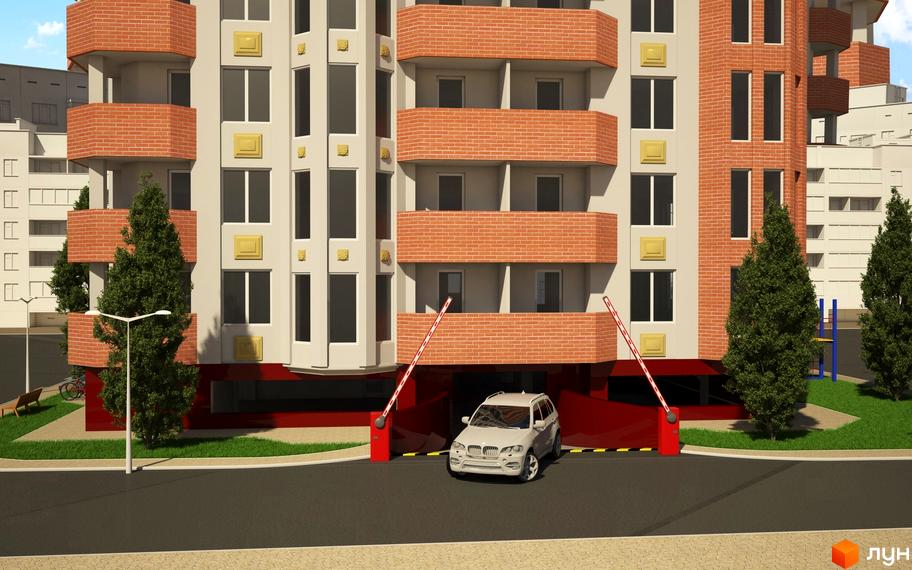 Новобудова ЖК Нове місто з цегляними балконами та білими фасадами. Прибудинкова територія з деревами та шлагбаумом біля в'їзду.