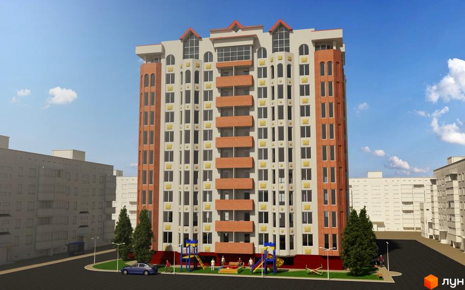 Зовнішній вигляд новобудови ЖК Нове місто з цегляними та світлими фасадами, балконами та вікнами. Прибудинкова територія з дитячим майданчиком, деревами та автомобілем.