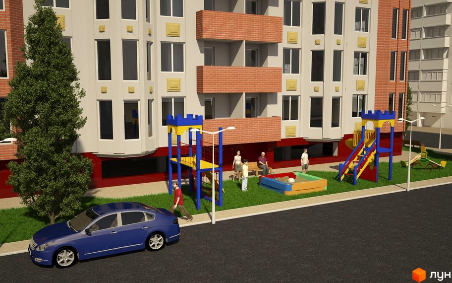 Житловий комплекс Нове місто з дитячим майданчиком та автомобілем біля будинку. Фасад будівлі світло-сірого кольору з цегляними елементами та великими вікнами.