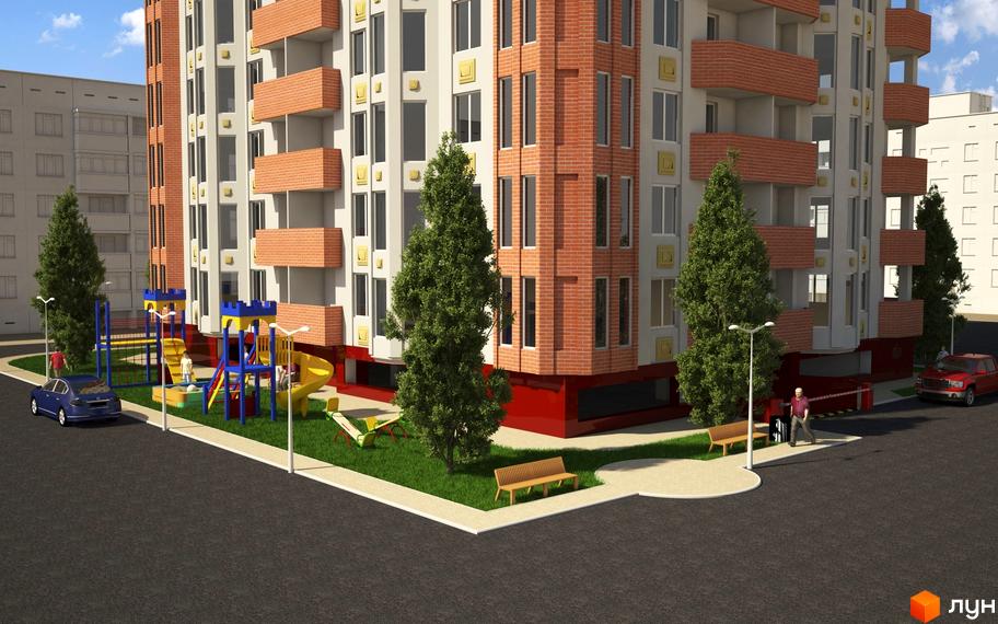 Житловий комплекс Нове місто. Зовнішній вигляд будинку з цегляними та білими фасадами, балконами. Прибудинкова територія з дитячим майданчиком, деревами та лавками.