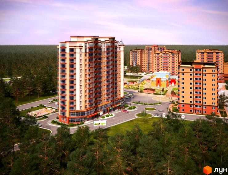 Житловий комплекс Панорамний 2: багатоповерхові будинки з цегляним фасадом та великими вікнами. Навколо новобудов — зелені зони та дитячі майданчики.