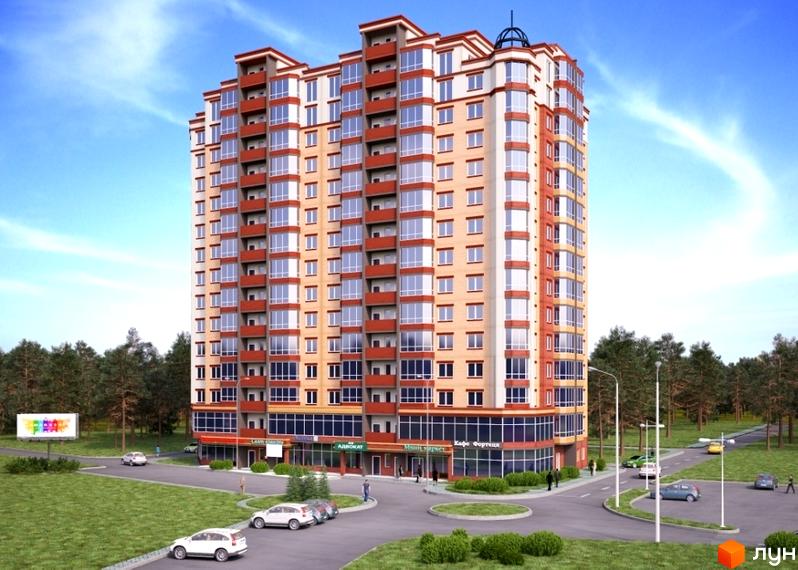 Зовнішній вигляд житлового комплексу Панорамний 2 з численними балконами та панорамними вікнами. На прибудинковій території розташовані дерева та дороги.