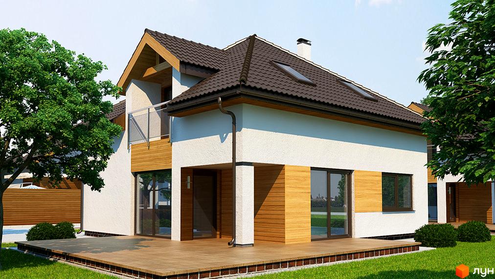 Котеджне містечко Квартальчик: двоповерховий будинок з білою штукатуркою, дерев'яними елементами та коричневим дахом. Навколо будинку зелена галявина та дерева.