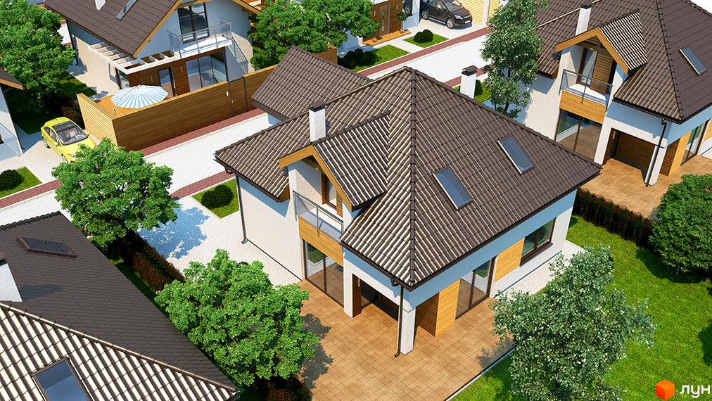 Котеджне містечко Квартальчик: двоповерхові будинки з коричневою черепицею та великими вікнами, зелені дерева та доглянутий газон навколо.