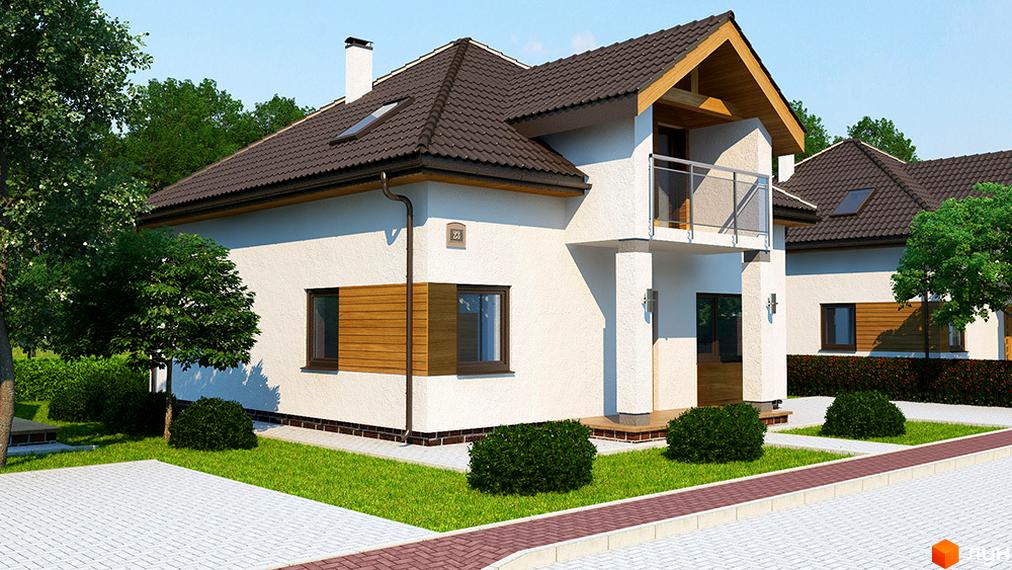 Котеджне містечко Квартальчик: білий двоповерховий будинок з коричневим дахом та дерев'яними елементами. Прибудинкова територія з газоном та кущами.