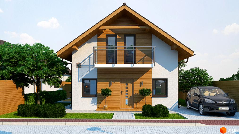 Котеджне містечко КМ Квартальчик: двоповерховий будинок з дерев'яним оздобленням фасаду, балконом та прибудинковою територією з автомобілем та зеленими насадженнями.