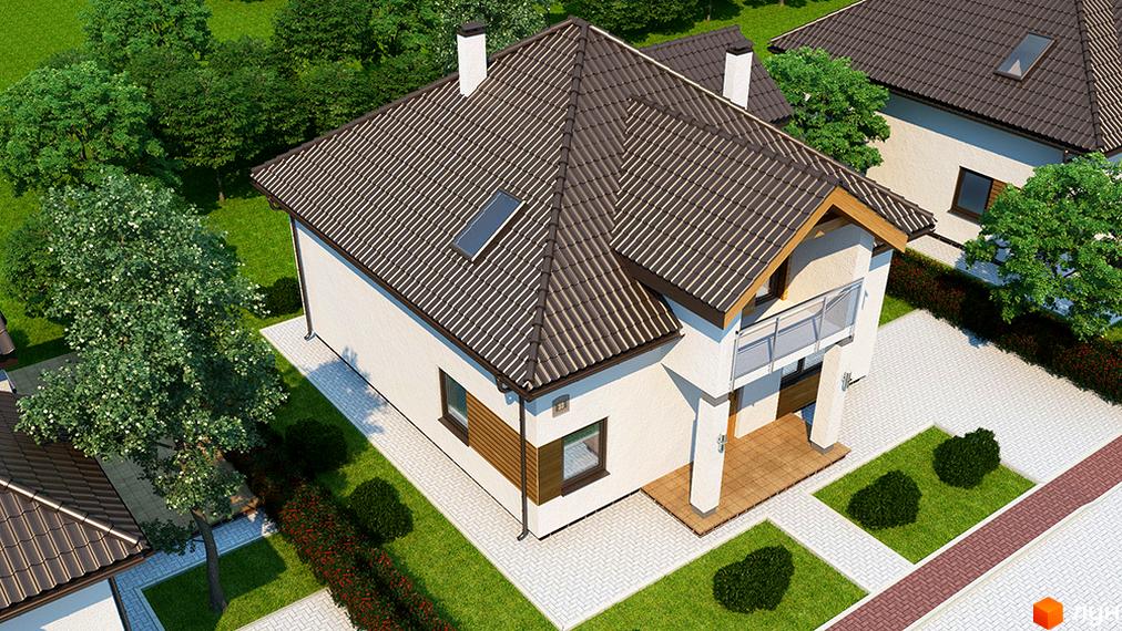 Котеджне містечко Квартальчик: двоповерховий будинок з коричневою черепичною кришею та білими стінами, прибудинкова територія з зеленим газоном та деревами.