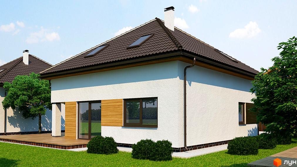 Котеджне містечко Квартальчик: одноповерховий будинок з коричневою черепичною покрівлею, двома мансардними вікнами та білими стінами. Навколо будинку зелений газон, кущі та дерева.