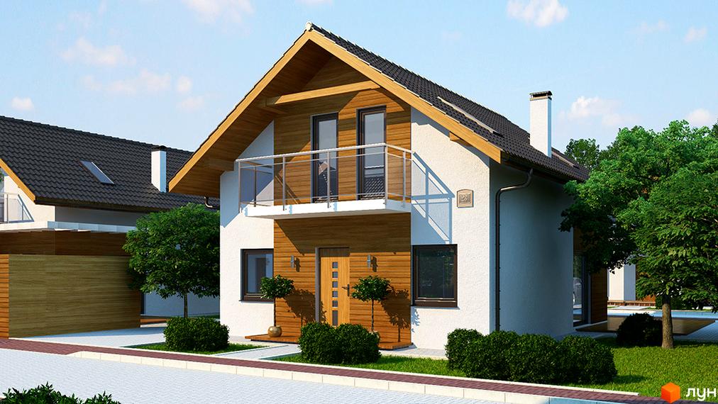 Котеджне містечко Квартальчик: двоповерховий будинок з дерев'яними елементами, балконом та зеленим подвір'ям. Сучасна архітектура та доглянута територія.