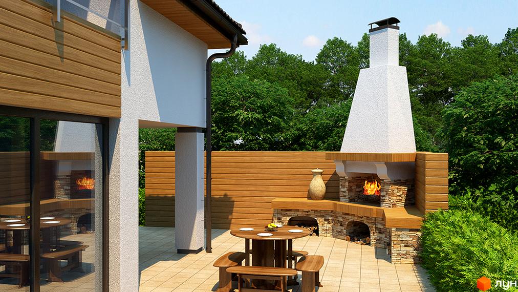 Зона барбекю з цегляною кладкою та дерев'яними елементами біля будинку ЖК Квартальчик. Навколо зелені насадження та зона відпочинку з альтанкою.