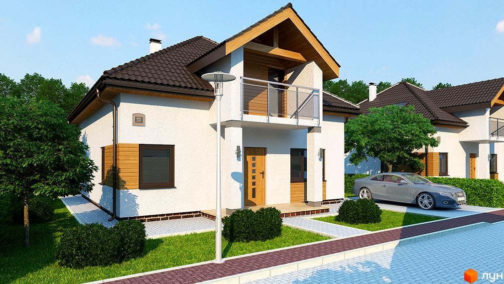 Котеджне містечко Квартальчик: двоповерховий будинок з білою штукатуркою, коричневим дахом та дерев'яними елементами. Прибудинкова територія з газоном, кущами та автомобілем.