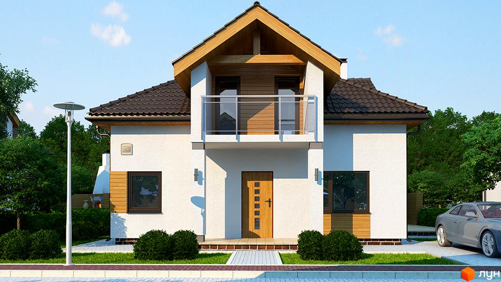 Будинок з білим фасадом, темним дахом та балконом. Котеджне містечко Квартальчик має зелену територію з кущами.