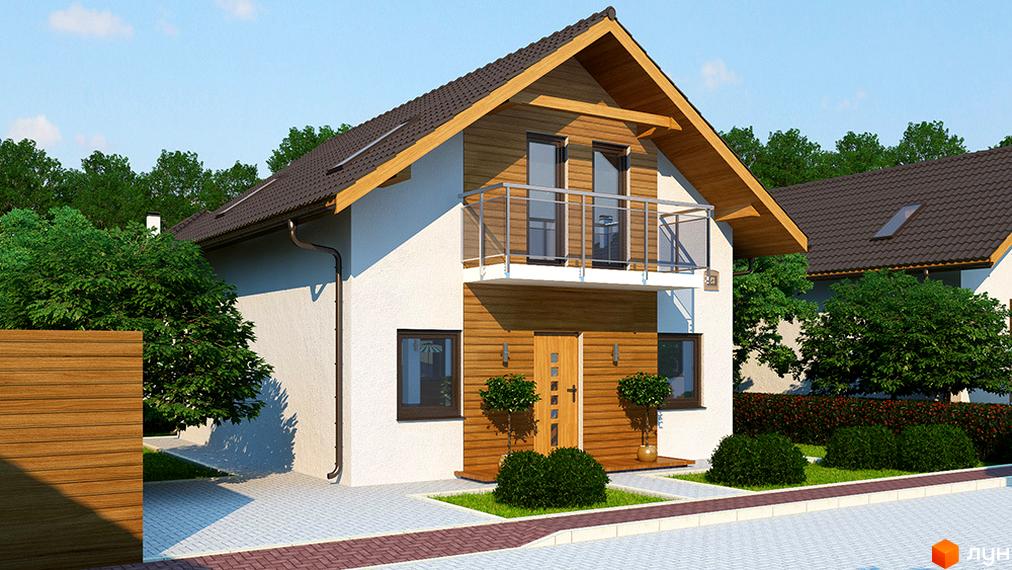 Котеджне містечко Квартальчик: двоповерховий будинок з білою штукатуркою, дерев'яними елементами та балконом. Навколо будинку зелені насадження та доглянута прибудинкова територія.