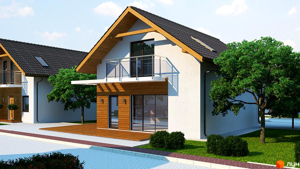 Котеджне містечко Квартальчик: двоповерхові будинки з темним дахом, балконами та дерев'яними елементами фасаду. Навколо зелені дерева та доглянута прибудинкова територія.