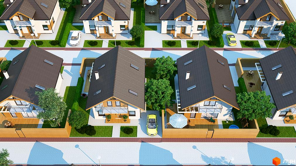 Котеджне містечко Квартальчик: сучасні двоповерхові будинки з коричневими дахами, білими стінами та балконами. Прибудинкова територія з зеленими газонами, деревами та доріжками.