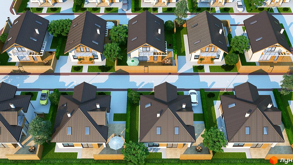 Котеджне містечко Квартальчик: сучасні будинки з темними дахами та білими стінами, розташовані на доглянутих ділянках з газонами та деревами. Навколо будинків облаштовані доріжки та місця для паркування.