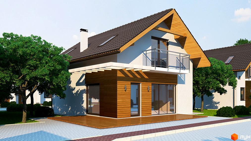 Котеджне містечко Квартальчик: двоповерховий будинок з коричневим дахом, дерев'яним оздобленням фасаду та балконом. Навколо будинку зелені дерева та доглянута прибудинкова територія.