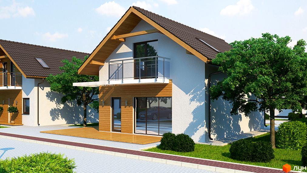 Зовнішній вигляд двоповерхових будинків з дерев'яними елементами фасаду та скляним балконом. Навколо будинків зелені насадження та вимощена територія.