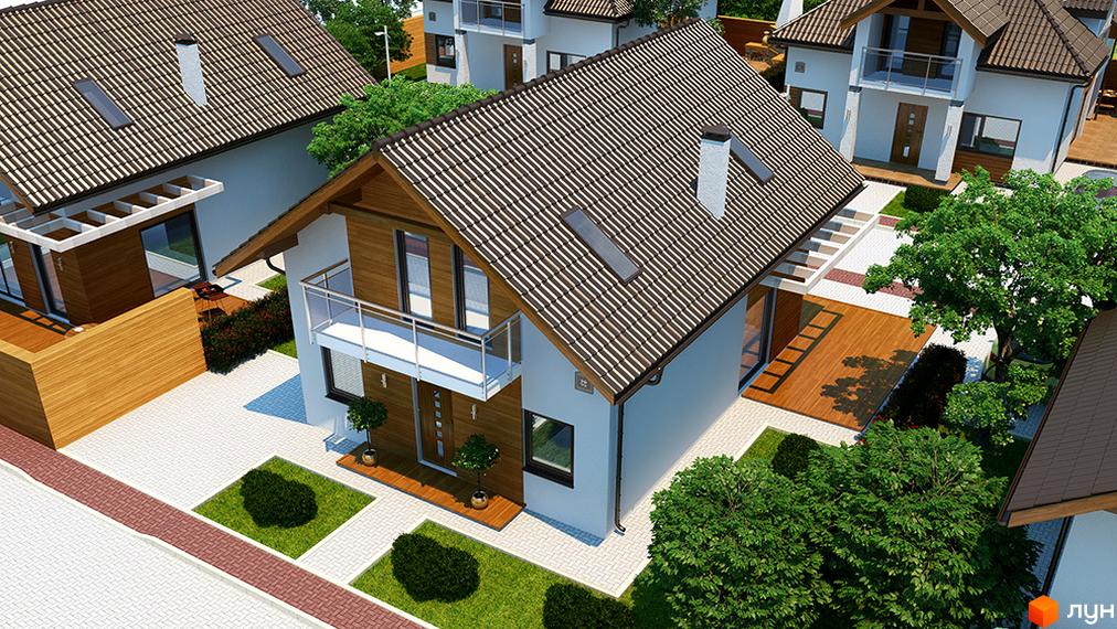 Зовнішній вигляд двоповерхових будинків з коричневим черепичним дахом та дерев'яними елементами фасаду. Прибудинкова територія з газоном, деревами та вимощеними доріжками.