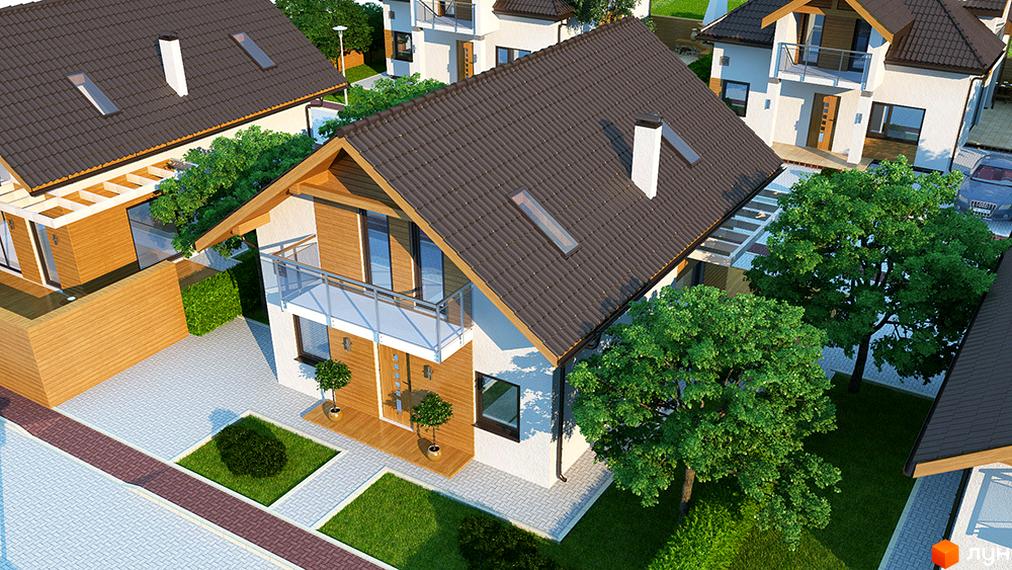 Котеджне містечко Квартальчик: сучасні будинки з коричневими черепичними дахами та доглянутою прибудинковою територією з деревами та газонами. Візуалізація житлового комплексу.