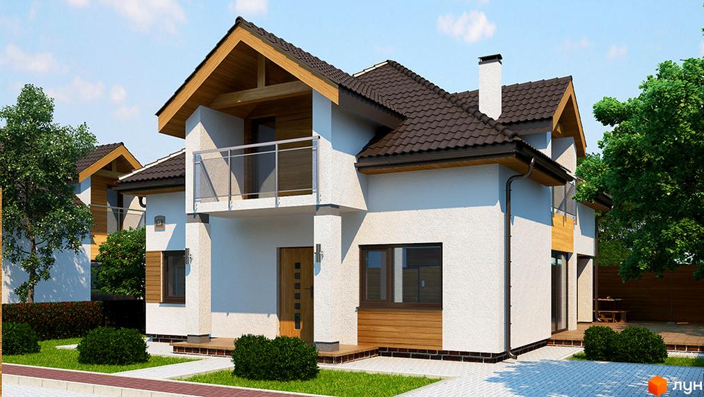 Котеджне містечко Квартальчик: двоповерховий будинок з коричневим дахом, білими стінами та дерев'яними елементами. Навколо будинку зелена галявина, кущі та доріжки.