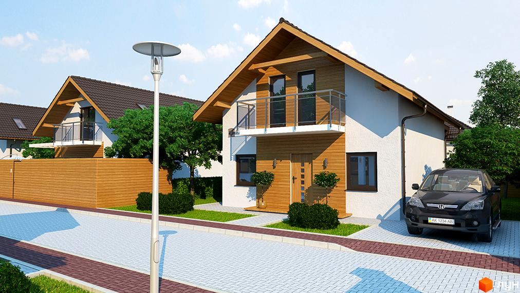 Котеджне містечко Квартальчик: двоповерховий будинок з балконом, дерев'яними елементами фасаду, прибудинковою територією з газоном, кущами та автомобілем на парковці.