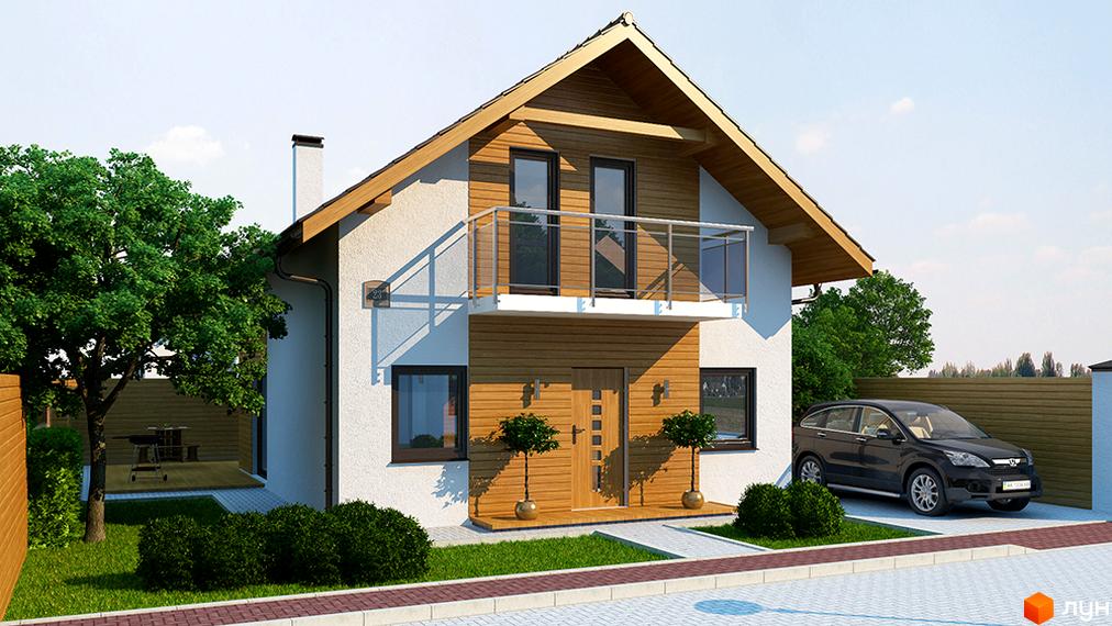 Котеджне містечко Квартальчик: двоповерховий будинок з дерев'яними елементами та балконом, поруч авто та зелень.