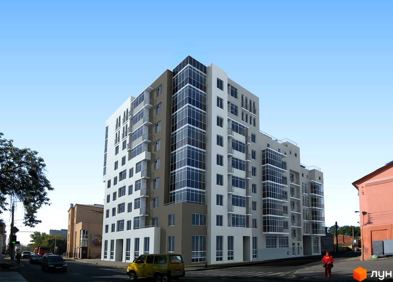 Житловий комплекс Подільський – багатоповерхова новобудова з панорамним склінням та балконами. Зовнішній вигляд будівлі з сучасним дизайном.