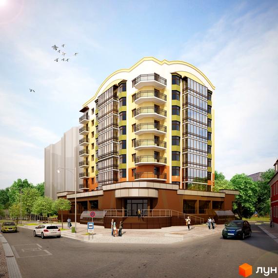 Житловий комплекс На Проспекті - це багатоповерхова новобудова з балконами та панорамними вікнами. Навколо комплексу розташована прибудинкова територія з деревами та дорогою.