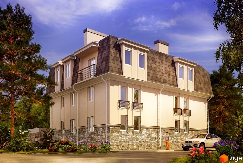 Клубний будинок „Полтавська, 80“ з мансардним дахом, кам'яним цоколем та балконами. На прибудинковій території видно дерева, квіти та автомобіль.