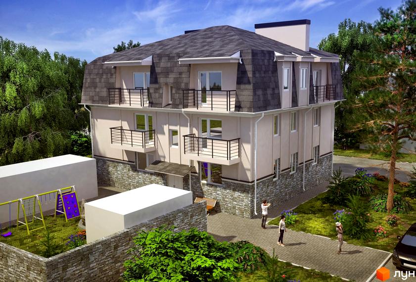 Клубний будинок „Полтавська, 80“ з мансардним дахом та балконами. Прибудинкова територія з дитячим майданчиком та зеленими насадженнями.