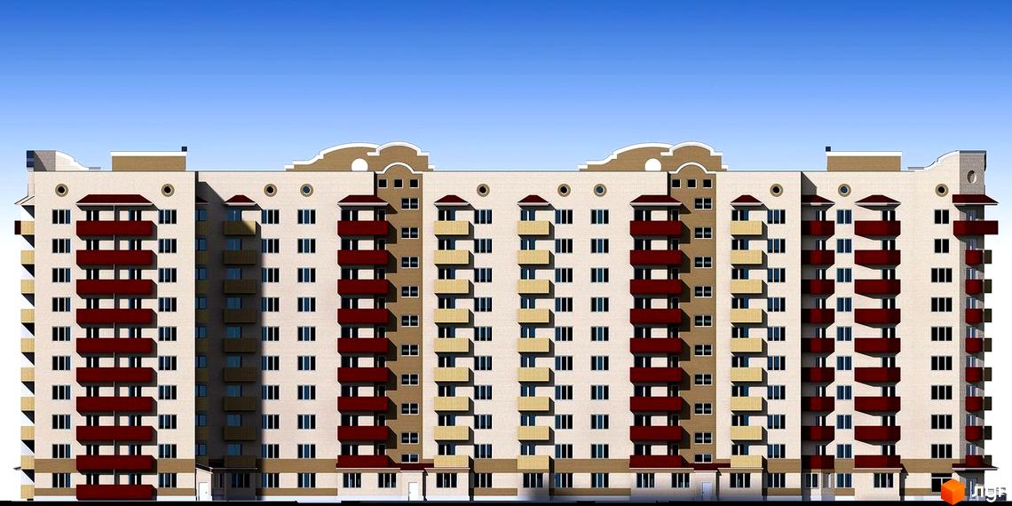 Фасад новобудови на вул. Героїв України, 4. Багатоповерховий будинок світло-бежевого кольору з червоними та жовтими балконами.