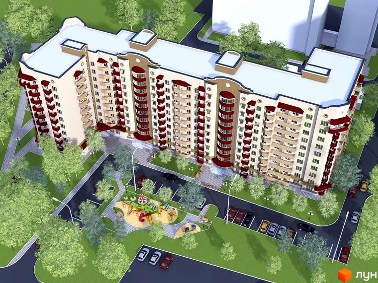 Житловий комплекс на вул. Героїв України, 4. Багатоповерховий будинок з балконами та дитячим майданчиком поруч.