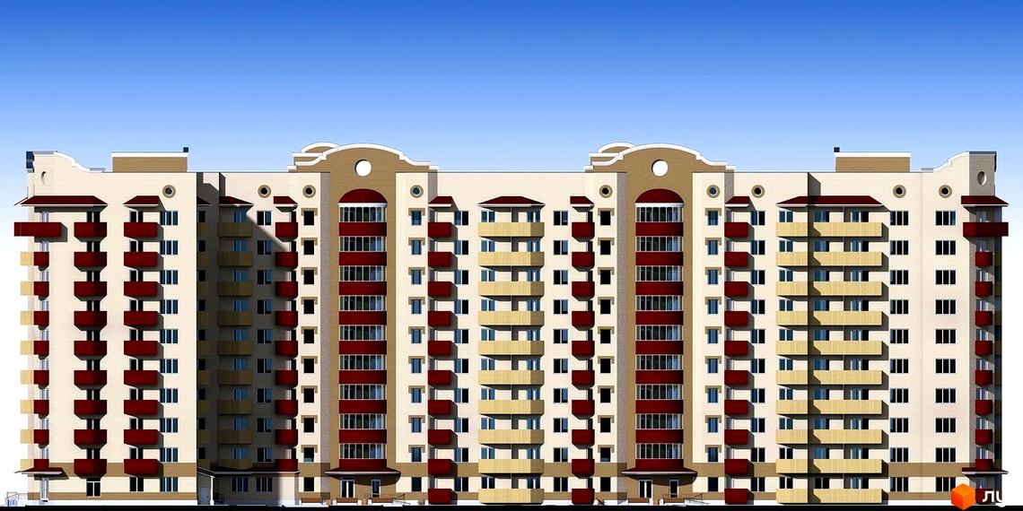 Фасад багатоповерхового житлового комплексу на вул. Героїв України, 4. Будинок має світлий колір стін, червоні та бежеві балкони, багато вікон та декоративні елементи на даху.