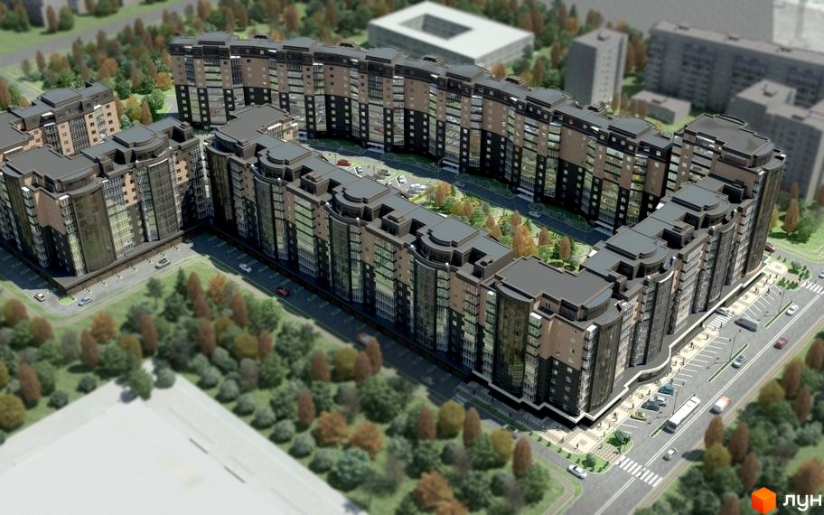 Зображення Житлового комплексу Набережний квартал з висоти пташиного польоту. Видно будівлю та прибудинкову територію з деревами.