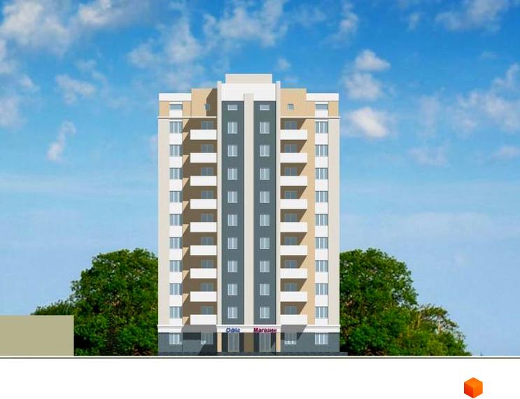 Новобудова на просп. Миру, 16а. Багатоповерховий будинок з балконами та вікнами, оточений деревами на фоні блакитного неба з хмарами.