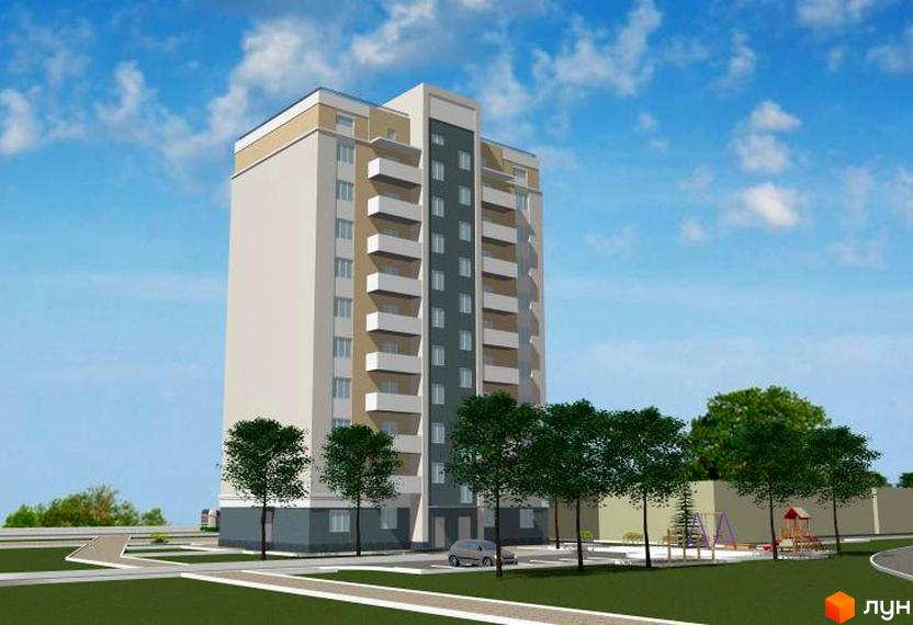 Зовнішній вигляд новобудови на просп. Миру, 16а, з балконами та сірим фасадом. Поруч розташовані дерева та дитячий майданчик.