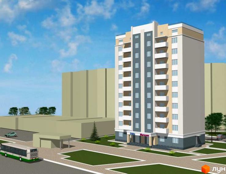 Зовнішній вигляд багатоповерхового будинку за адресою просп. Миру, 16а. На прибудинковій території розташовані зелені насадження, тротуар та проїжджа частина з автомобілями та автобусом.