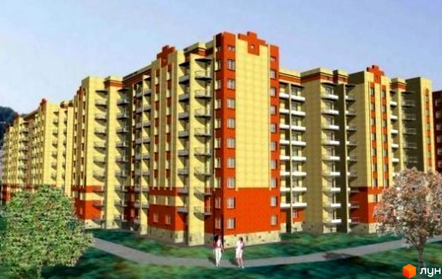 Житловий комплекс Західні ворота з яскравим фасадом та прибудинковою територією, де проглядають зелені насадження.