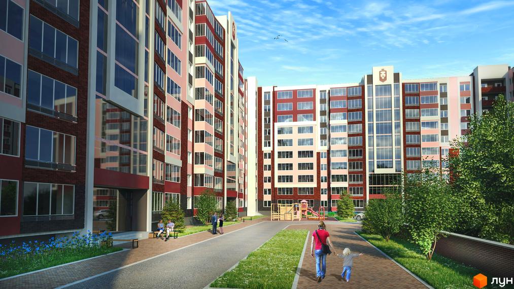 Зовнішній вигляд житлового комплексу Львівський з червоно-білими фасадами та великими вікнами. На прибудинковій території дитячий майданчик та зелені насадження.