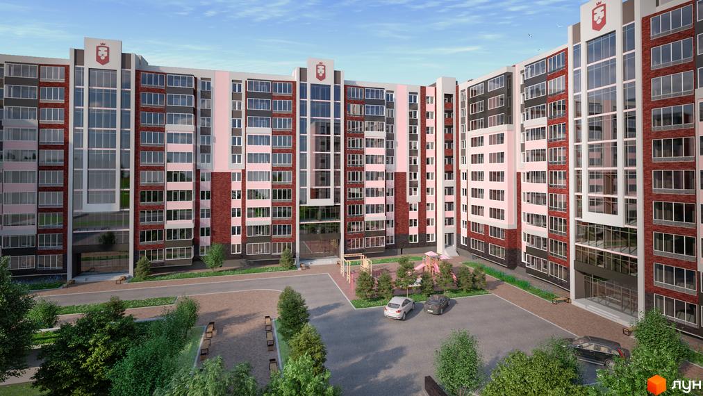 Зовнішній вигляд новобудови ЖК Львівський з цегляним фасадом та великими вікнами. На прибудинковій території розташований дитячий майданчик та парковка.